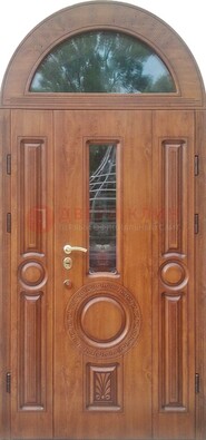 Двустворчатая железная дверь МДФ со стеклом в форме арки ДА-52 в Видном