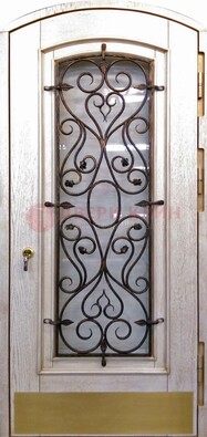 Железная дверь Винорит в форме арки со стеклом и ковкой ДА-53 в Видном