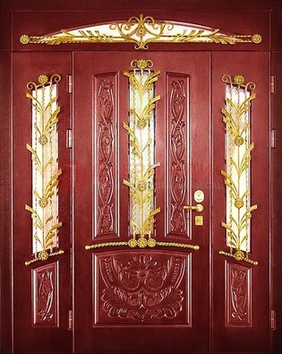 Бордовая железная парадная дверь со стеклом и ковкой ДПР-75 в Видном