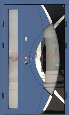 Синяя металлическая дверь со стеклом и узором ДС-13 в Видном