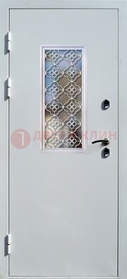 Серая металлическая дверь со стеклом и ковкой ДС-75 в Видном