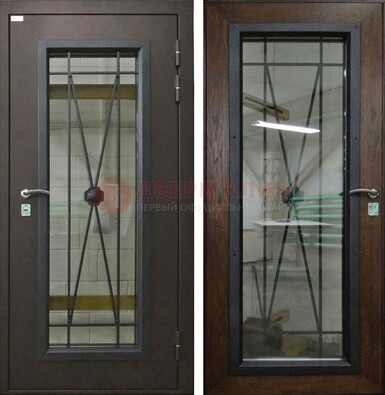 Коричневая железная дверь со стеклом для частного дома ДС-8 в Видном