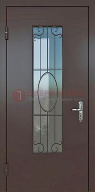 Коричневая наружная железная дверь со стеклом и ковкой ДСК-100 в Видном