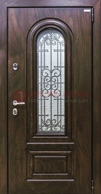 Темная филенчатая железная дверь со стеклом и ковкой ДСК-102 в Видном