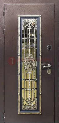 Железная дверь цвета медный антик со стеклом и ковкой ДСК-105 в Видном