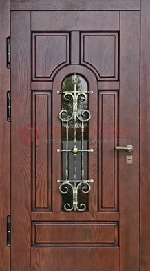 Cтальная дверь со стеклом и ковкой в коричневом цвете ДСК-119 в Видном