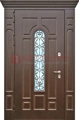 Коричневая железная дверь со стеклом ковкой для частного дома ДСК-133 в Видном