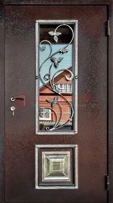 Коричневая стальная дверь порошок со стеклом и ковкой ДСК-163 в Видном