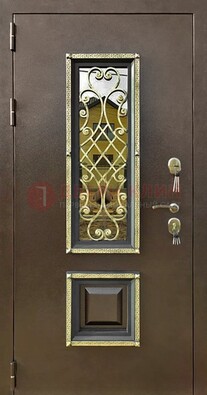 Входная дверь порошок со стеклом и ковкой для коттеджа ДСК-166 в Видном