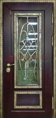 Темная уличная дверь порошок со стеклом и ковкой ДСК-167 в Видном