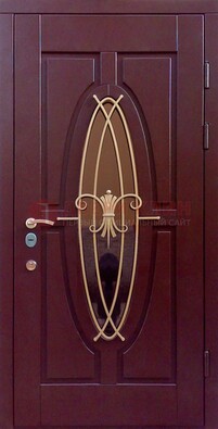 Бордовая стальная дверь Винорит со стеклом и ковкой ДСК-263 в Видном
