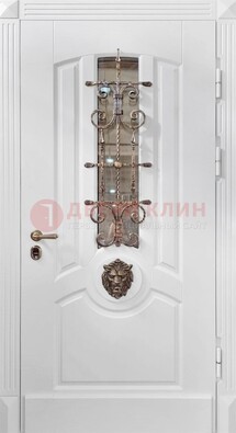 Белая металлическая дверь с виноритом и стеклом с ковкой ДВТ-165 в Видном