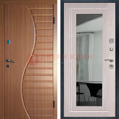 Коричневая железная дверь c виноритом и  МДФ Белый дуб с зеркалом ДЗ-118 в Видном