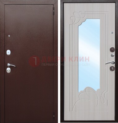 Коричневая металлическая дверь с зеркалом МДФ внутри ДЗ-33 в Видном