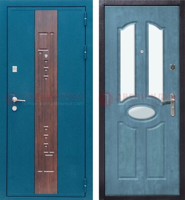 Голубая металлическая дверь МДФ с тремя зеркальными вставками ДЗ-78 в Видном