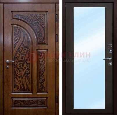 Коричневая входная дверь c узором и виноритом МДФ с зеркалом ДЗ-98 в Видном
