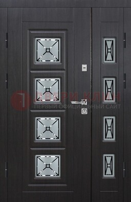 Чёрная двухстворчатая железная дверь с МДФ и витражом ВЖ-35 в Видном