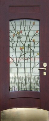 Бордовая стальная дверь с витражом и декоративным элементом ВЖ-3 в Видном
